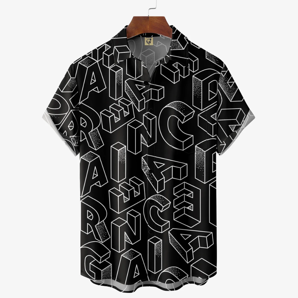 Block 3D Letters Black Short Sleeve - Hawaiian Shirt