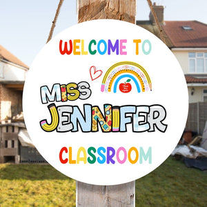 Personalized Welcome To Classroom White Apple Rainbow Round Wood Sign