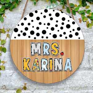 Personalized Custom Name Classroom Door Hanger Polka Dots Round Wood Sign