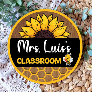 Personalized Classroom Door Hanger Bee Hive Sunflower Round Wood Sign