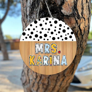 Personalized Custom Name Classroom Door Hanger Polka Dots Round Wood Sign