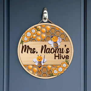 Personalized Custom Name Classroom Hive Of Bee Round Wood Sign