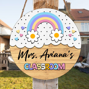 Personalized Welcome To Teacher Daisy Rainbow Round Wood Sign