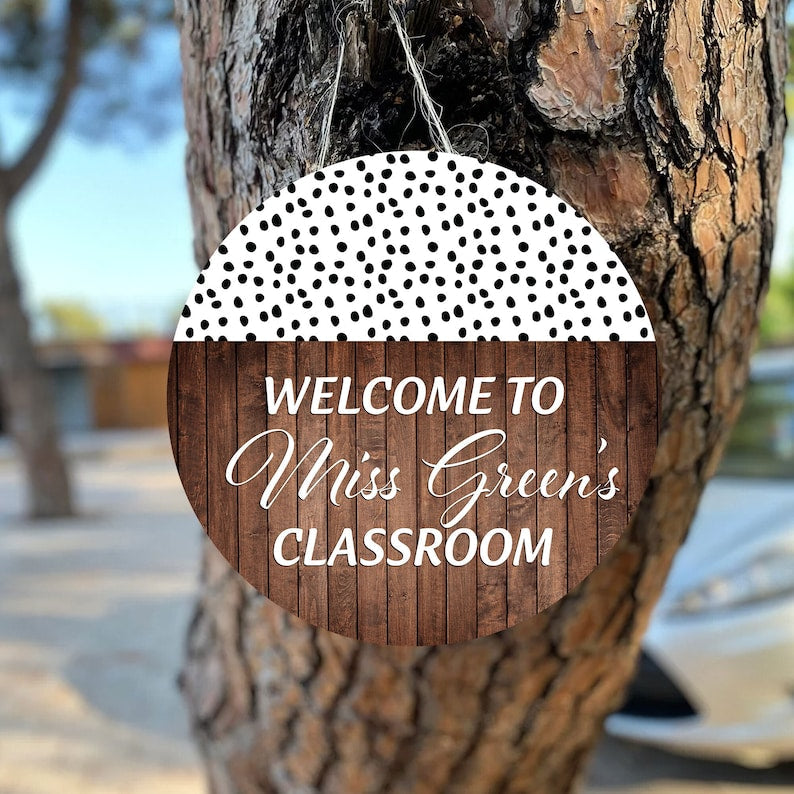 Personalized Welcome Teacher Back To School Brown White Round Wood Sign