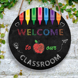 Personalized Welcome Teacher Crayons Apple Round Wood Sign