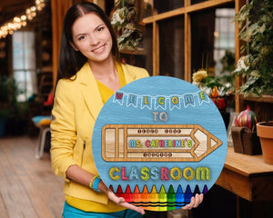 Personalized Welcome To Teacher Round Wood Sign