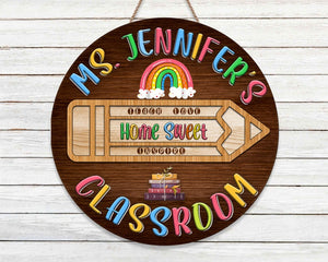 Personalized Cute Crayon Welcome To Teacher Round Wood Sign