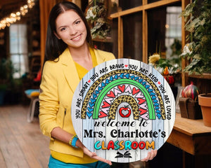 Personalized Teacher Rainbow Classroom Decor Round Wood Sign