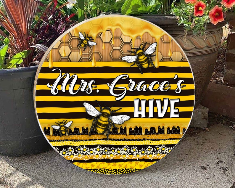 Personalized Bee Classroom Decor Round Wood Sign