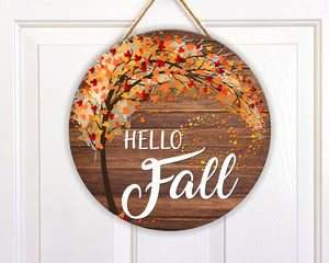 Autumn Hello Fall Door Hanger Round Wood Sign