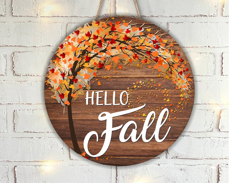 Autumn Hello Fall Door Hanger Round Wood Sign