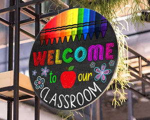 Teacher Apple Welcome To Our Classroom Round Wood Sign