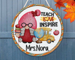 Personalized Custom Name Gnome Teacher Round Wood Sign