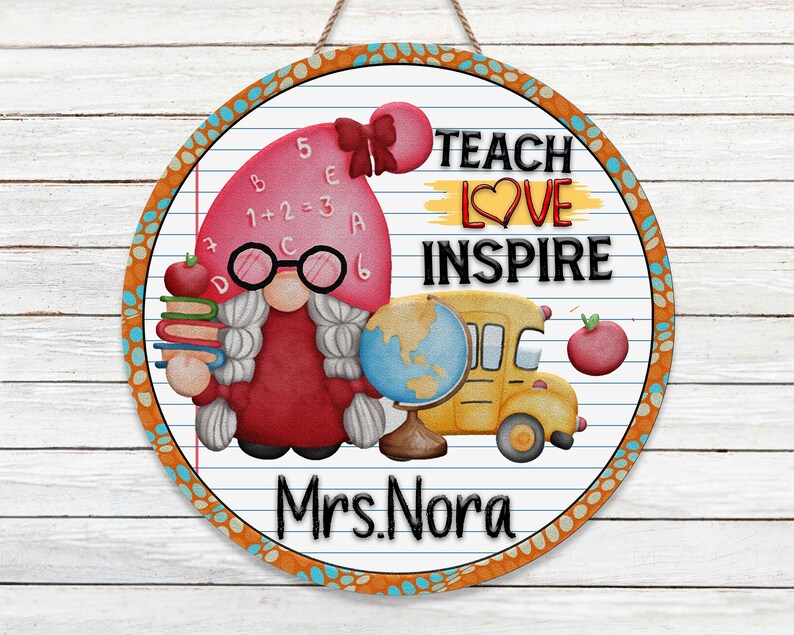 Personalized Custom Name Gnome Teacher Round Wood Sign