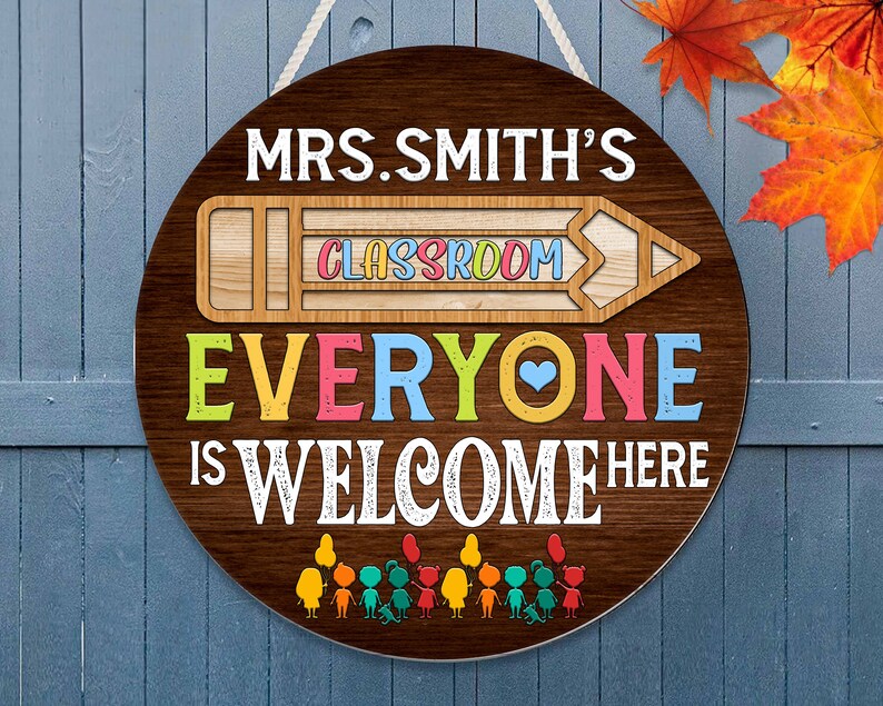 Personalized Custom Name Crayon Everyone Is Welcome Here Round Wood Sign