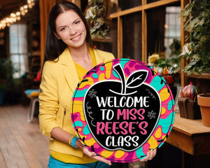 Personalized Custom Name Colorful Apple Welcome Teacher Round Wood Sign