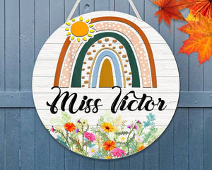 Personalized Custom Name Rainbow With Flowers Welcome Teacher Round Wood Sign