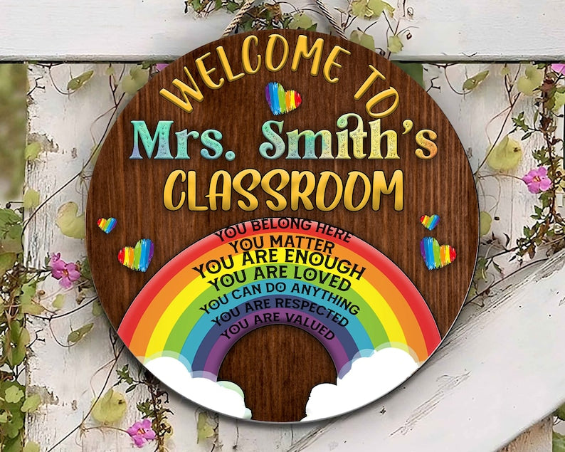 Personalized Rainbow Door Hanger Gifts For Teachers Round Wood Sign