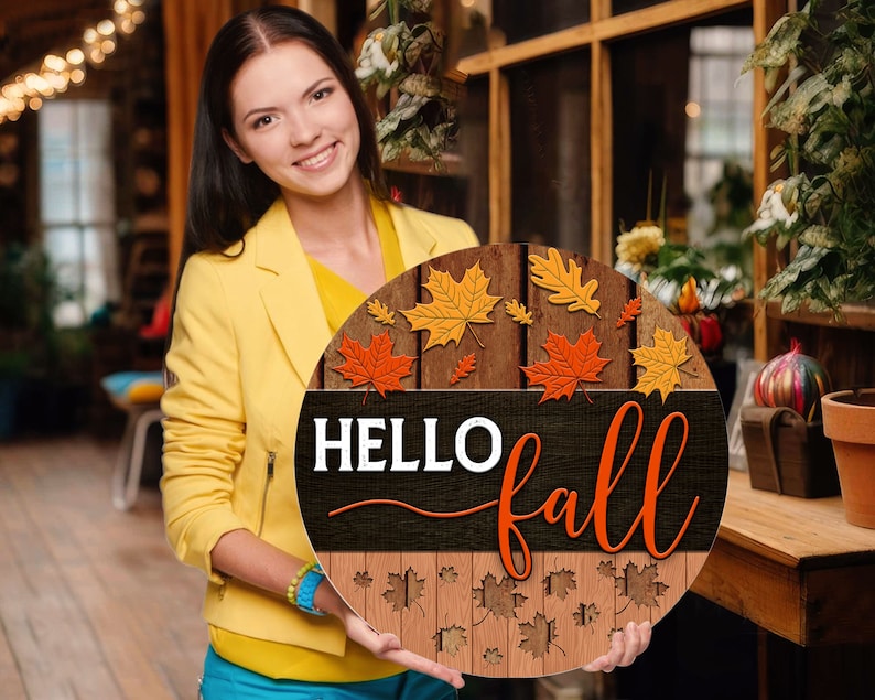 Hello Fall Sign, Hello Pumpkin Door Sign Round Wood Sign