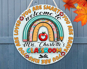 Personalized Teacher Classroom Door Hanger Round Wood Sign