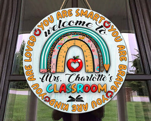 Personalized Teacher Classroom Door Hanger Round Wood Sign