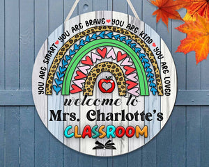 Personalized Teacher Rainbow Classroom Decor Round Wood Sign