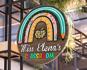 Personalized Teacher Rainbow Classroom Decor Round Wood Sign