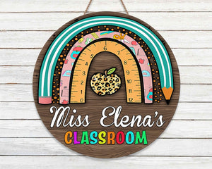 Personalized Teacher Rainbow Classroom Decor Round Wood Sign