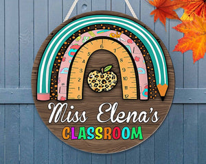 Personalized Teacher Rainbow Classroom Decor Round Wood Sign