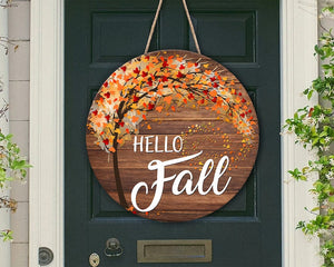 Autumn Hello Fall Door Hanger Round Wood Sign