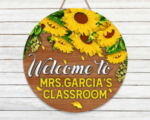 Personalized Teacher Sunflower Door Round Wood Sign