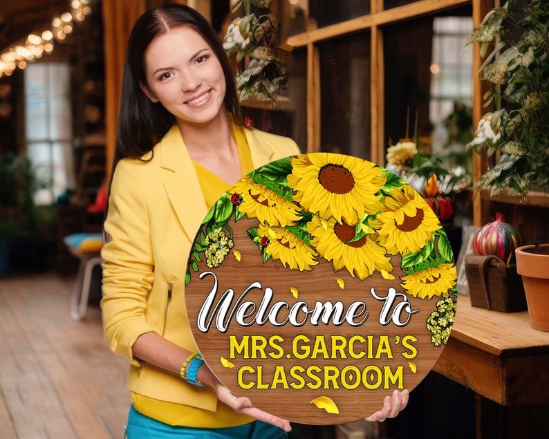 Personalized Teacher Sunflower Door Round Wood Sign