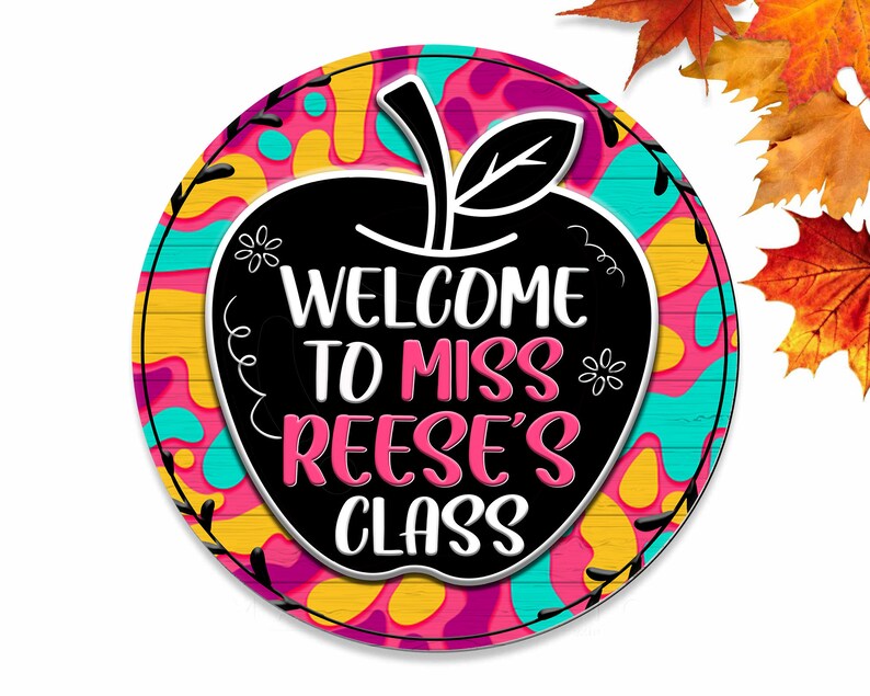 Personalized Custom Name Colorful Apple Welcome Teacher Round Wood Sign