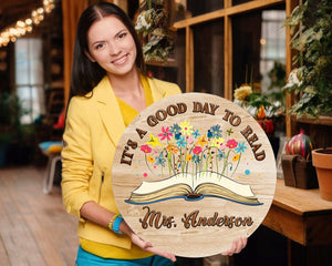 Personalized Custom Name It's A Good Day To Read Round Wood Sign