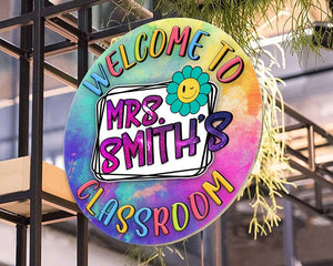 Personalized Custom Name Colorful Welcome Teacher Round Wood Sign