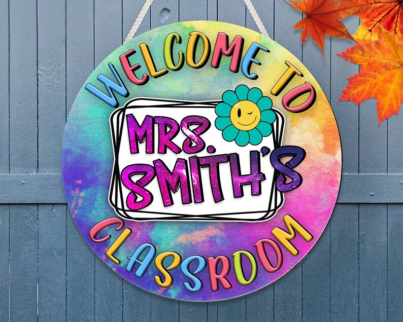 Personalized Custom Name Colorful Welcome Teacher Round Wood Sign