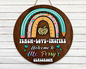 Personalized Custom Name Rainbow Welcome Teacher Brown Round Wood Sign