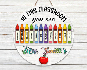 Personalized Crayons Welcome To Teacher Door Round Wood Sign