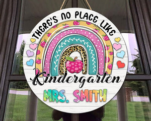 Personalized Rainbow Welcome Teacher Round Wood Sign