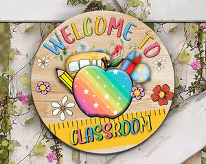 Colorful Welcome to Teacher Round Wood Sign