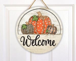 Three Pumpkins Welcome Door Round Wood Sign