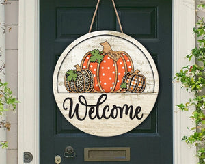 Three Pumpkins Welcome Door Round Wood Sign