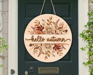 Hello Autumn Flowers Round Wood Sign