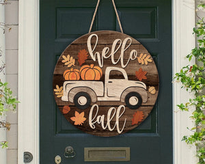 Fall Door Truck With Pumpkins Round Wood Sign