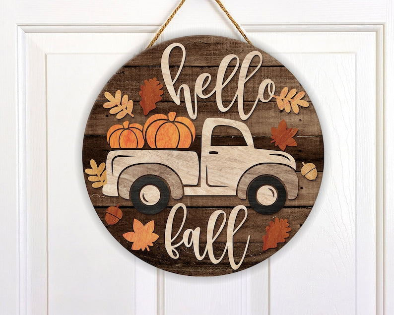 Fall Door Truck With Pumpkins Round Wood Sign