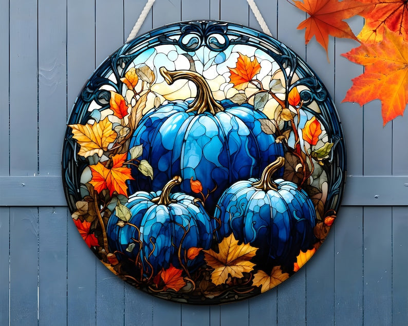 Hello Pumpkin Blue Door Round Wood Sign