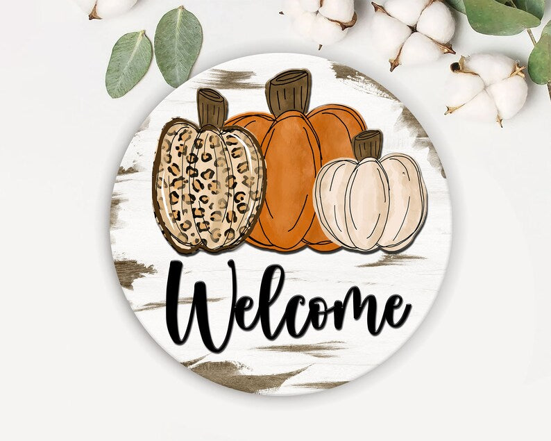 Hello Welcom Pumpkins Door Round Wood Sign