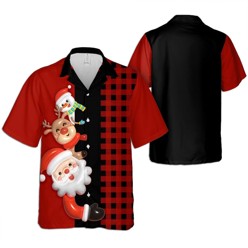 Santa Snowman Red And Black Pattern - Hawaiian Shirt