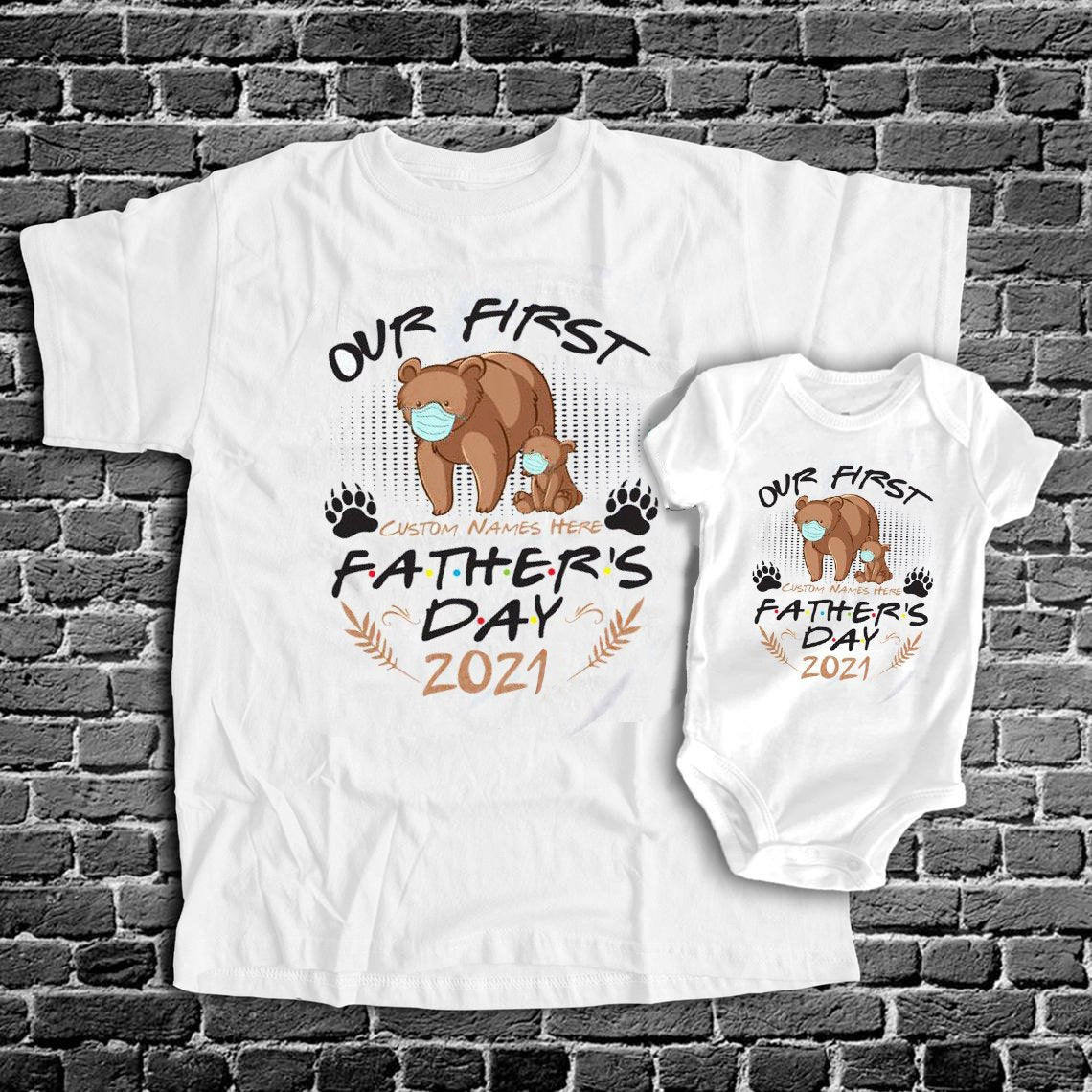 Dad First Fathers Day Brown Bear Personalized Cute Matching Shirt Baby Onesie
